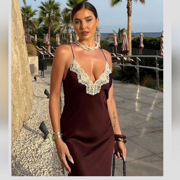 NWT ZARA LACE SLIP DRESS ZW COLLECTION satin silk maxi dress Lingerie Burgundy - Picture 8 of 16